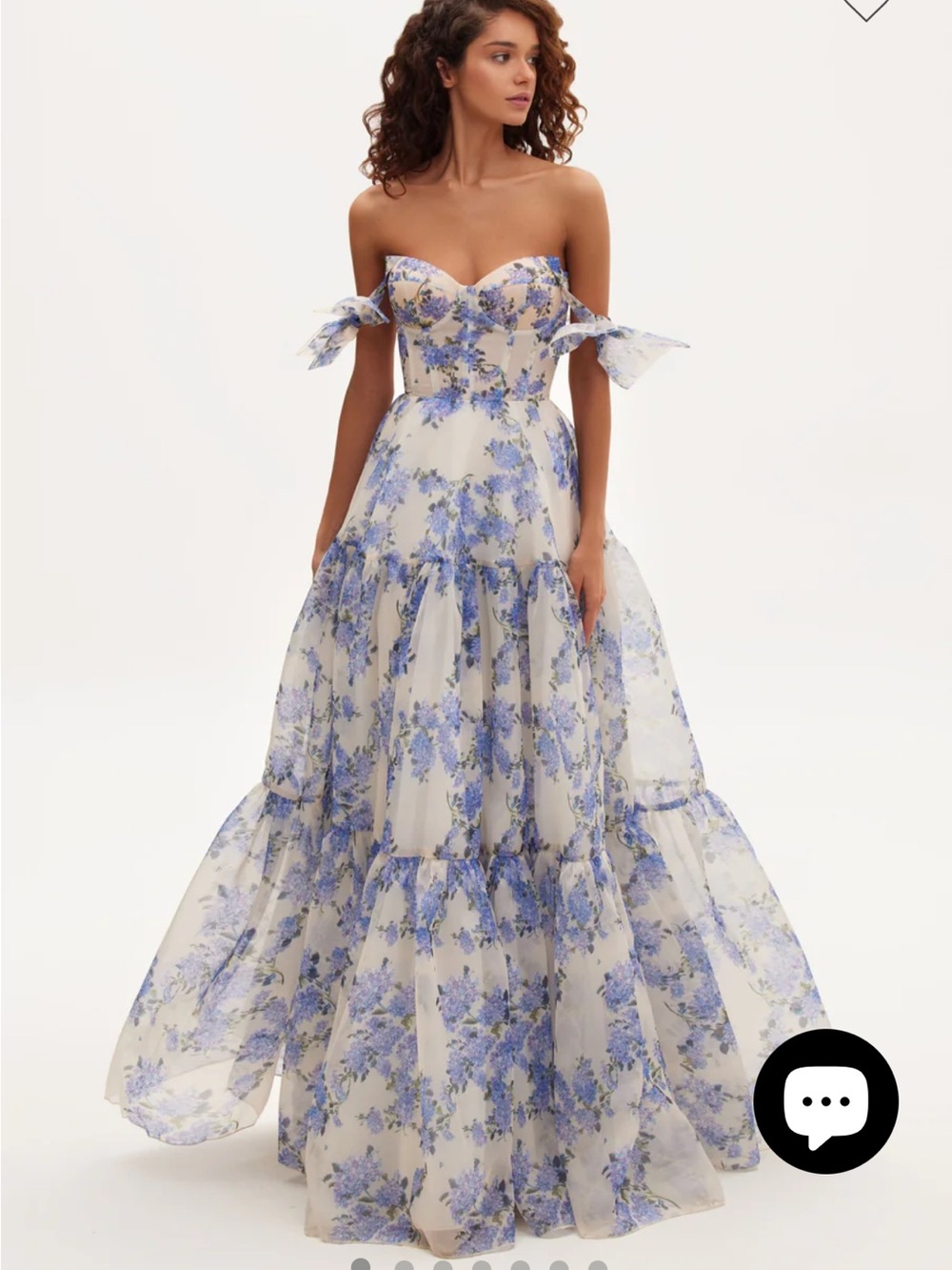 Milla Hydrangea Floral Organza Maxi Dress Blue White Tie-Strap Sweetheart xs